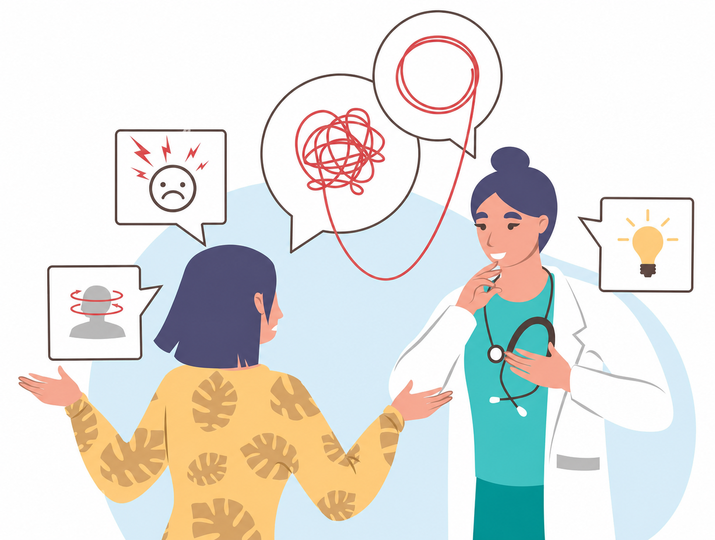 Illustration of a doctor listening to a patient during a mental health consultation